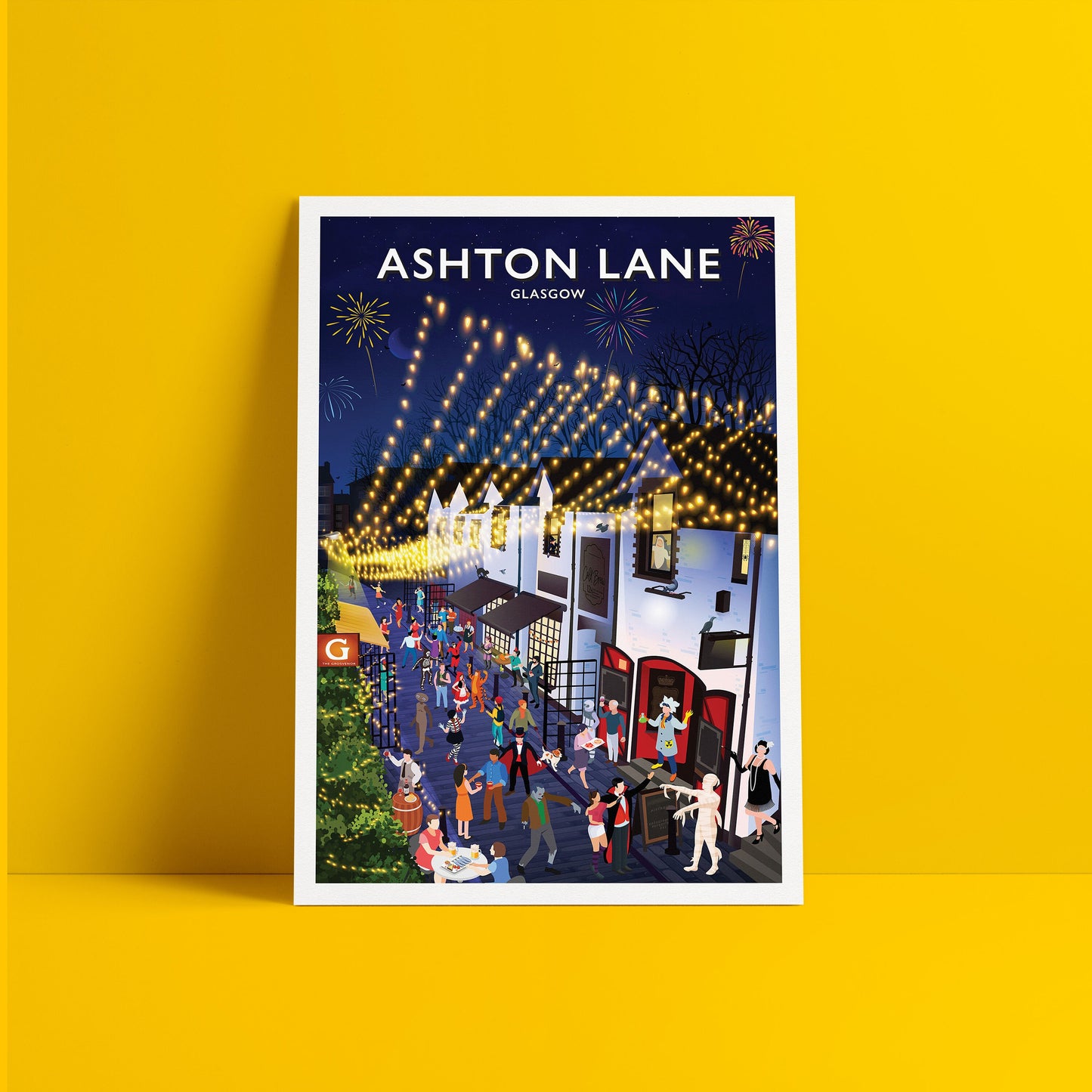 Ashton Lane Poster - Fancy Dress Party - Fireworks  Print - Festivities - Bonfire Night - Halloween - Hogmanay - Costume street Party