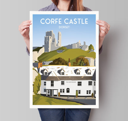 Corfe Castle Print - Dorset Travel Poster - The Greyhound - English Art