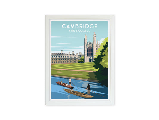 Cambridge Print - Framed Travel Poster featuring King's College and Punting Boat - 40 x 30 cm White Frame