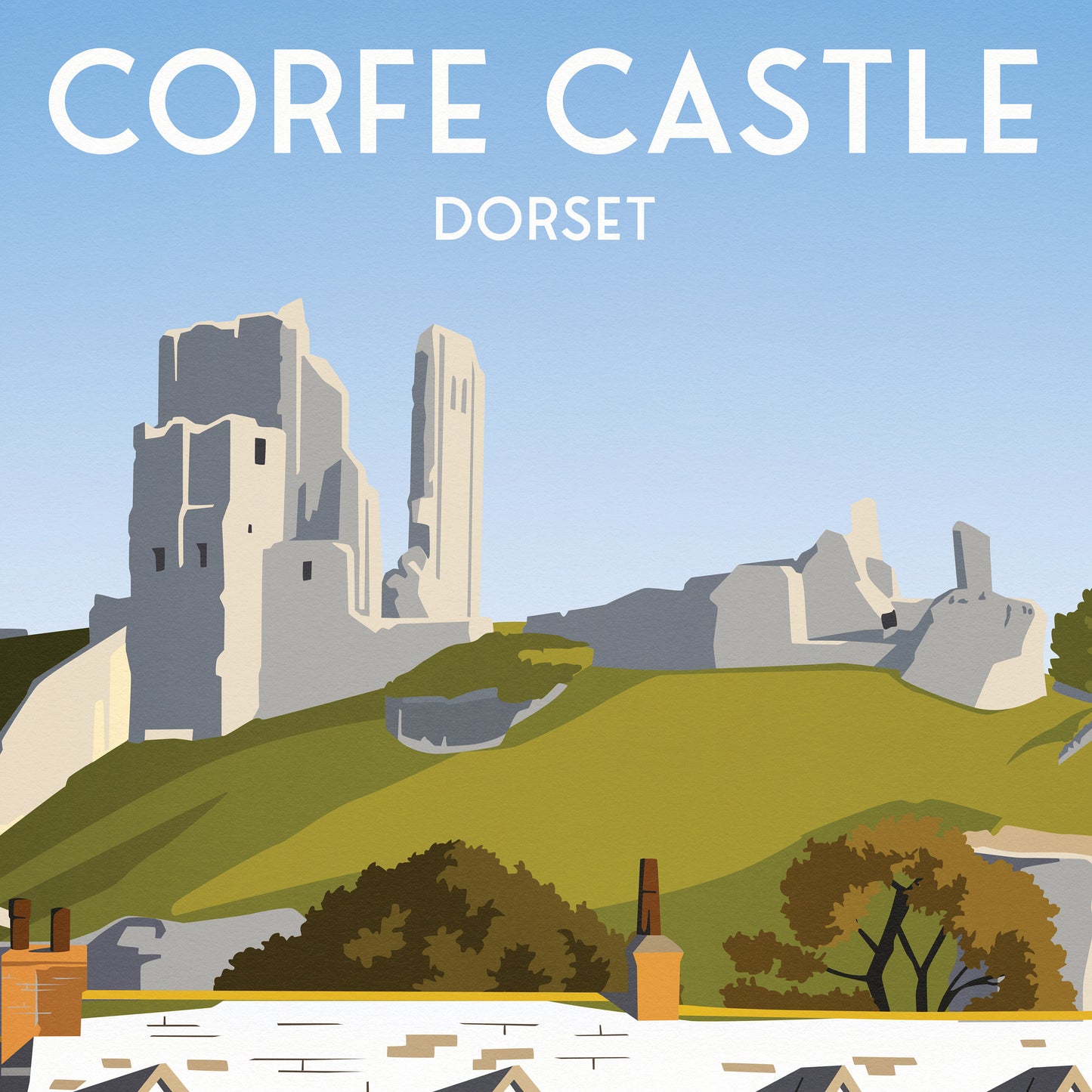 Corfe Castle Print - Dorset Travel Poster - The Greyhound - English Art