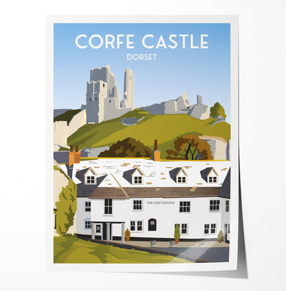 Corfe Castle Print - Dorset Travel Poster - The Greyhound - English Art