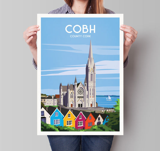 Cobh Print featuring St. Colman's Cathedral - Colourful Houses - Co Cork - Ireland Travel Poster - Irish Art - Wall Art - Wedding gift