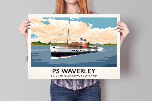 PS Waverley - vintage style railway travel poster art of last seagoing passenger-carrying paddle steamer in the world