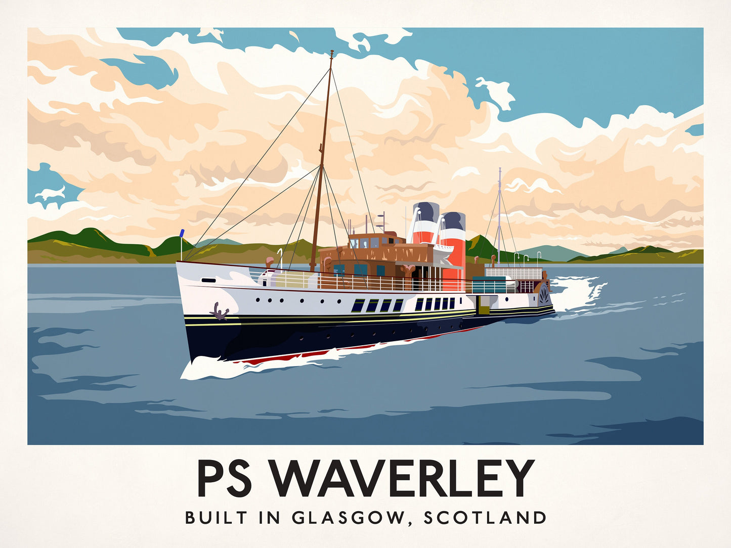 PS Waverley - vintage style railway travel poster art of last seagoing passenger-carrying paddle steamer in the world