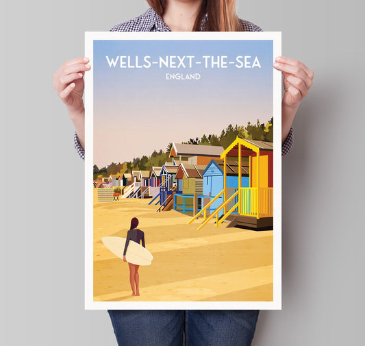 Wells-Next-The-Sea Print - beach huts - North Norfolk Travel Poster - English Seaside Wall Art