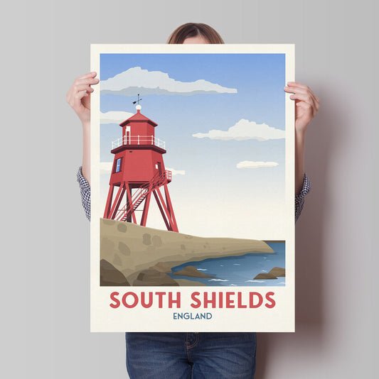 South Shields Groyne Lighthouse Travel Poster, Minimalist Wall Art,  North East Tyne and Wear England UK, Wall Art Prints