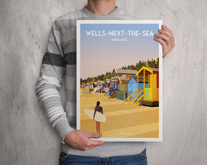 Wells-Next-The-Sea Print - beach huts - North Norfolk Travel Poster - English Seaside Wall Art