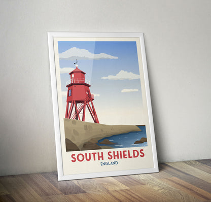 South Shields Groyne Lighthouse Travel Poster, Minimalist Wall Art,  North East Tyne and Wear England UK, Wall Art Prints