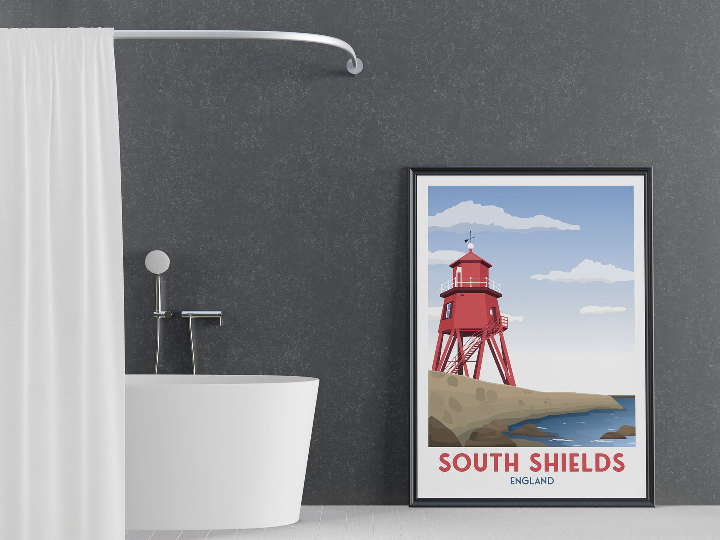 South Shields Groyne Lighthouse Travel Poster, Minimalist Wall Art,  North East Tyne and Wear England UK, Wall Art Prints