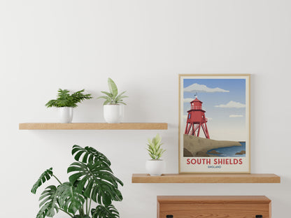 South Shields Groyne Lighthouse Travel Poster, Minimalist Wall Art,  North East Tyne and Wear England UK, Wall Art Prints