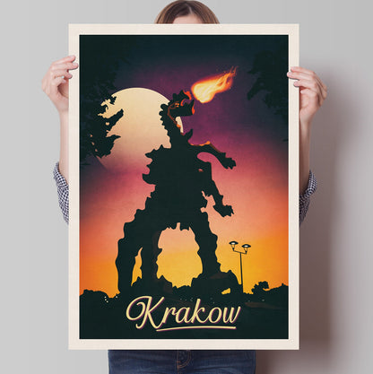 Krakow Travel Poster, Smok Wawelski, Wawel Dragon Statue, Poland Print, Dragon Art, Wawel Hill, Kraków, Minimalist Polish Wall Art