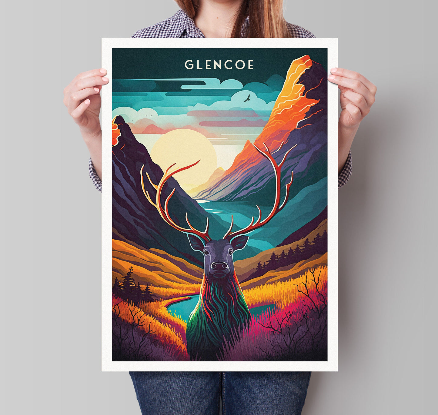 Glencoe Print | Scotland Stag Poster | Colorful Scottish Highlands Poster | Scottish Gift | Birthday Present | Home Decor Artwork