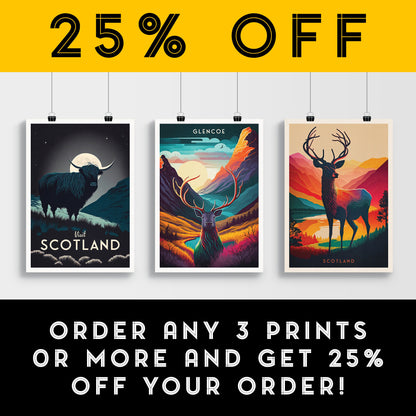 Glencoe Print | Scotland Stag Poster | Colorful Scottish Highlands Poster | Scottish Gift | Birthday Present | Home Decor Artwork