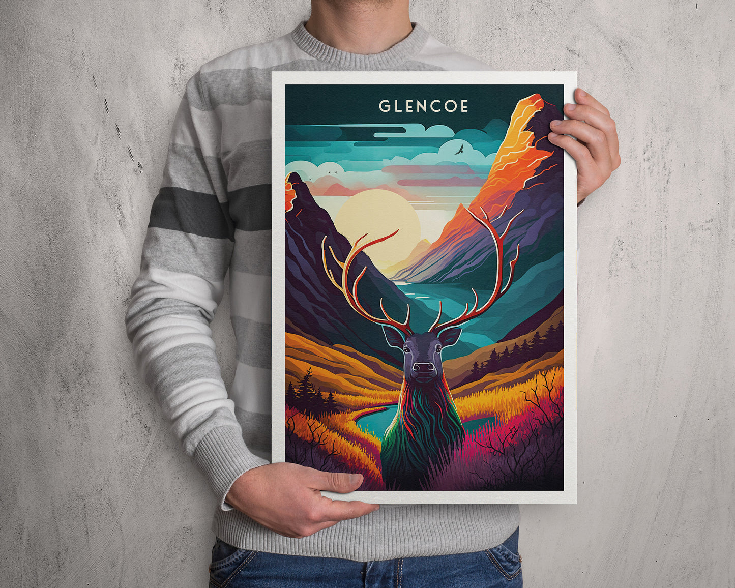 Glencoe Print | Scotland Stag Poster | Colorful Scottish Highlands Poster | Scottish Gift | Birthday Present | Home Decor Artwork