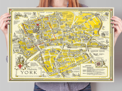 Historic York | Old Vintage England | British Pictorial Map | Jorvik | River Ouse | Bootham Bar | Marygate Tower | Blue Bridge | Monk Bar