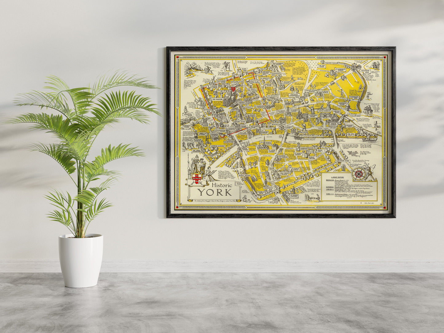 Historic York | Old Vintage England | British Pictorial Map | Jorvik | River Ouse | Bootham Bar | Marygate Tower | Blue Bridge | Monk Bar