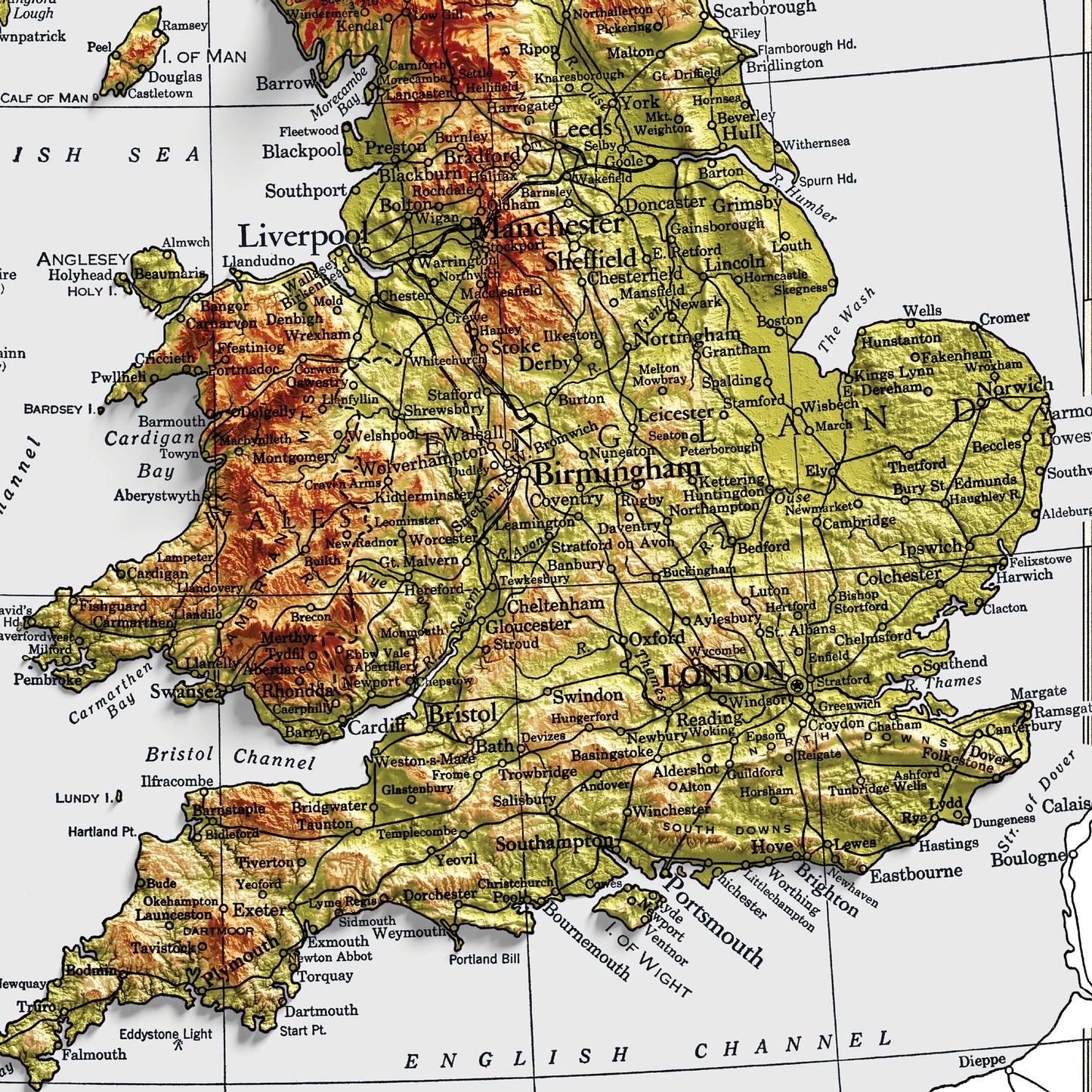 British Isles Map - 1943 - 2D shaded relief - United Kingdom - England - Ireland - Wales - Ire;land - Northern Island - Wall Art