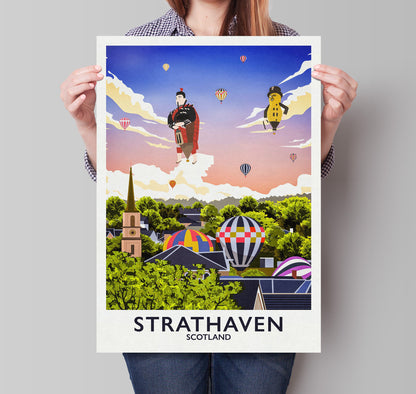 Strathaven Print - Balloon Festival Print - Vintage looking retro travel poster, Hot Air Balloon Fiesta , South Lanarkshire