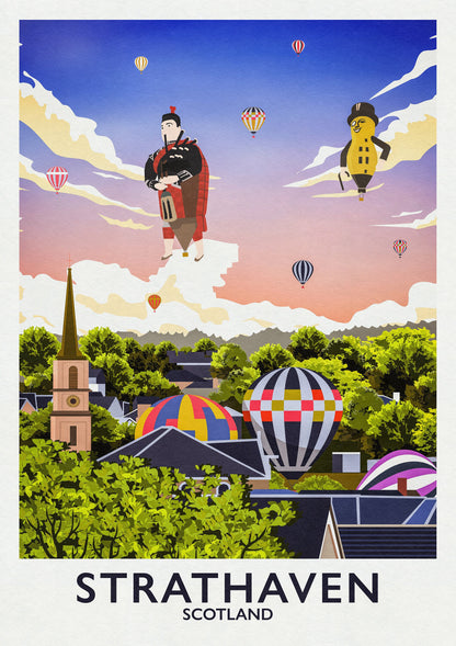 Strathaven Print - Balloon Festival Print - Vintage looking retro travel poster, Hot Air Balloon Fiesta , South Lanarkshire