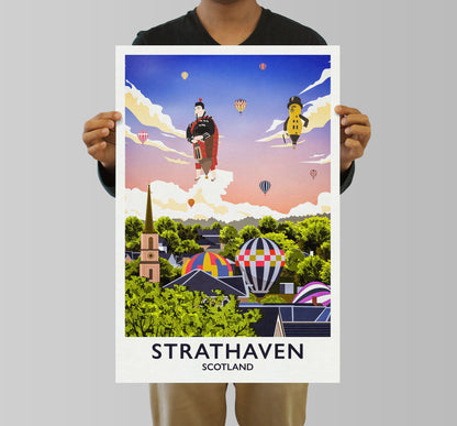 Strathaven Print - Balloon Festival Print - Vintage looking retro travel poster, Hot Air Balloon Fiesta , South Lanarkshire