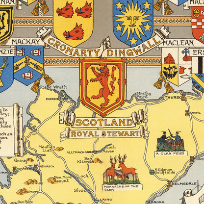 Historical Map of Scotland - 1950 Pictorial Scottish Map - Family Coats-of-Arms - Clan Chiefs - Inverness - Aberdeen - Edinburgh - Glasgow