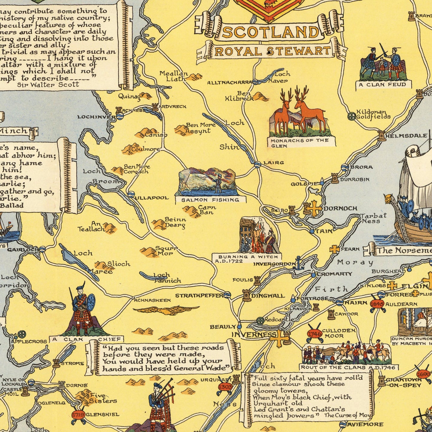 Historical Map of Scotland - 1950 Pictorial Scottish Map - Family Coats-of-Arms - Clan Chiefs - Inverness - Aberdeen - Edinburgh - Glasgow