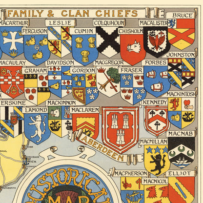 Historical Map of Scotland - 1950 Pictorial Scottish Map - Family Coats-of-Arms - Clan Chiefs - Inverness - Aberdeen - Edinburgh - Glasgow