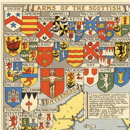 Historical Map of Scotland - 1950 Pictorial Scottish Map - Family Coats-of-Arms - Clan Chiefs - Inverness - Aberdeen - Edinburgh - Glasgow