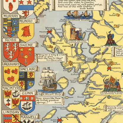 Historical Map of Scotland - 1950 Pictorial Scottish Map - Family Coats-of-Arms - Clan Chiefs - Inverness - Aberdeen - Edinburgh - Glasgow