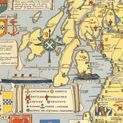 Historical Map of Scotland - 1950 Pictorial Scottish Map - Family Coats-of-Arms - Clan Chiefs - Inverness - Aberdeen - Edinburgh - Glasgow