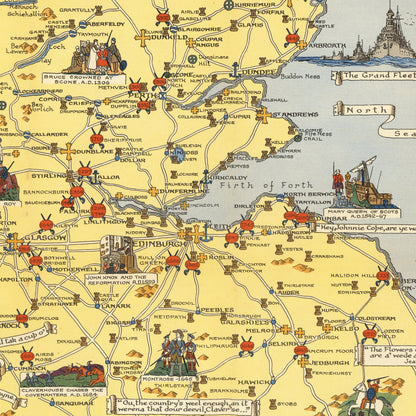 Historical Map of Scotland - 1950 Pictorial Scottish Map - Family Coats-of-Arms - Clan Chiefs - Inverness - Aberdeen - Edinburgh - Glasgow