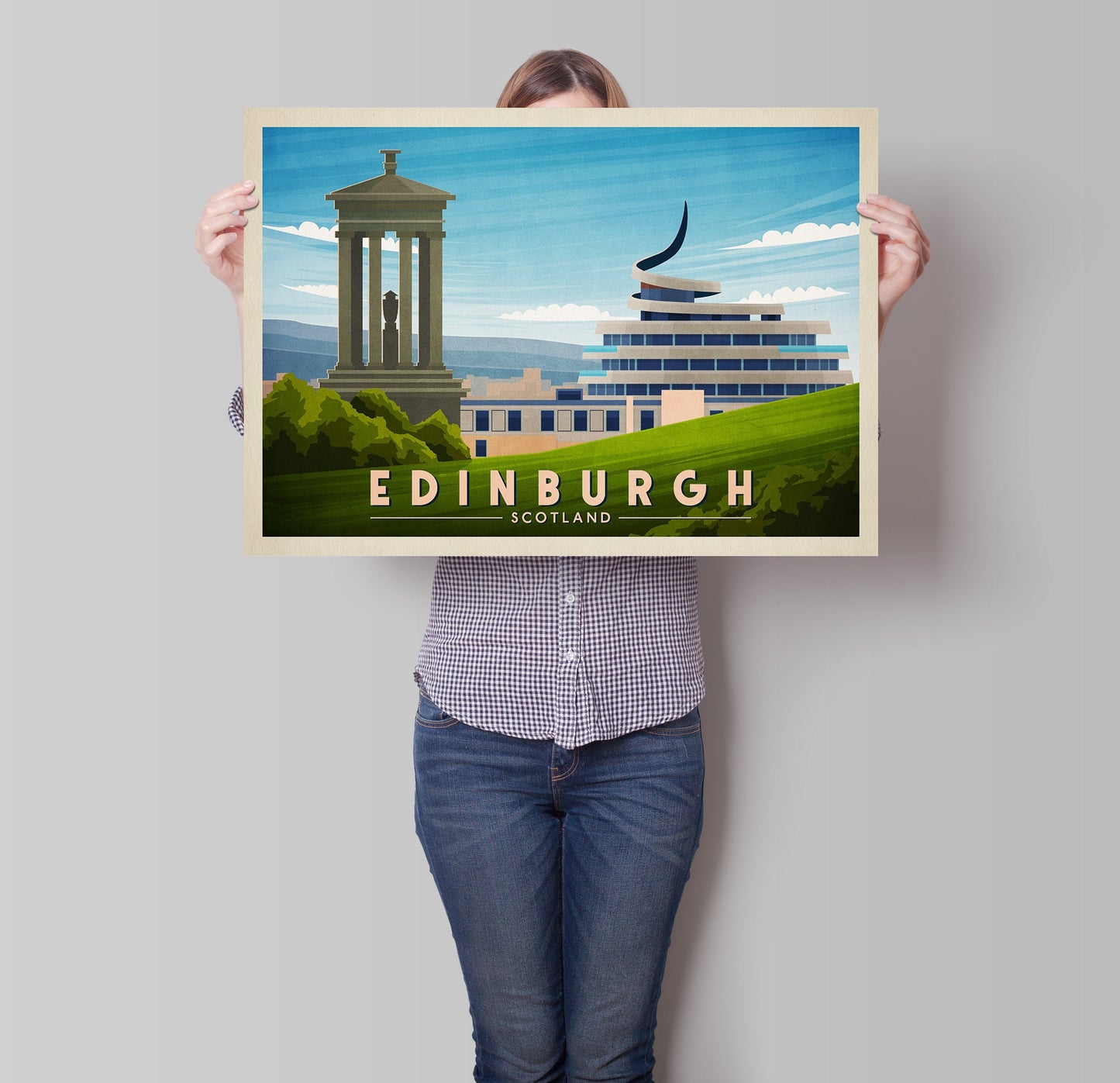 Edinburgh Print featuring Calton Hill and St James Quarter, Vintage looking Edinburgh Travel Poster, Scottish Art, Wall Art