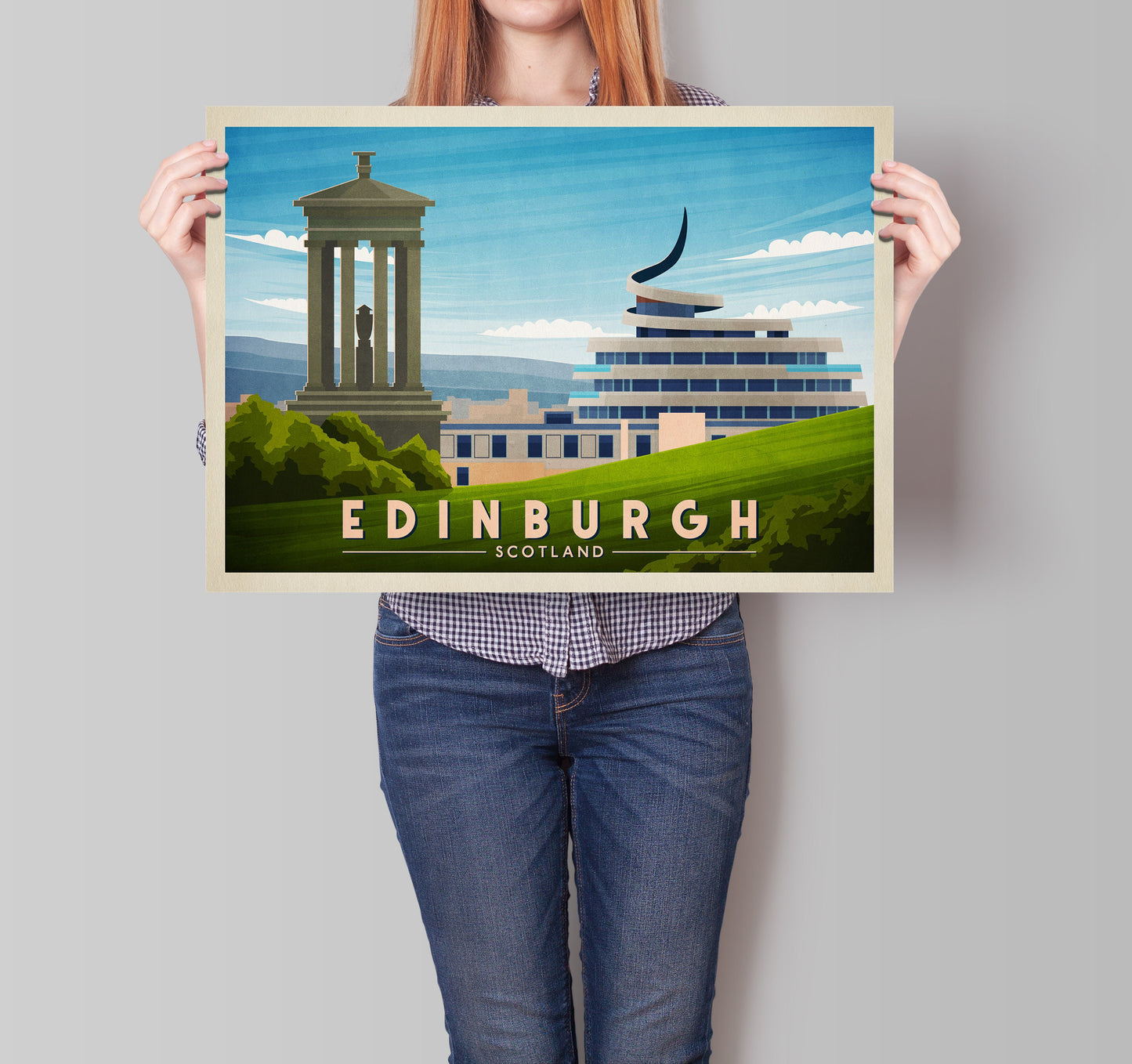 Edinburgh Print featuring Calton Hill and St James Quarter, Vintage looking Edinburgh Travel Poster, Scottish Art, Wall Art