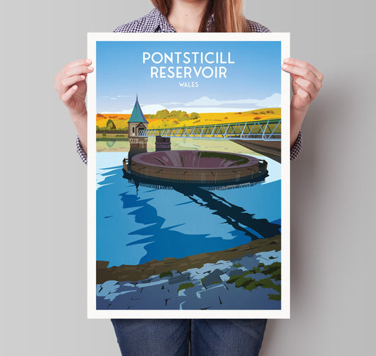 Pontsticill Reservoir Print - Illustration of Brecon Beacons South Wales - - Merthyr Tydfil - Taf Fechan Reservoir - Travel Poster