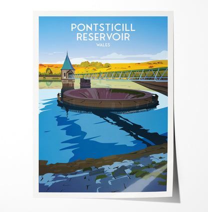 Pontsticill Reservoir Print - Illustration of Brecon Beacons South Wales - - Merthyr Tydfil - Taf Fechan Reservoir - Travel Poster