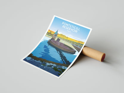 Pontsticill Reservoir Print - Illustration of Brecon Beacons South Wales - - Merthyr Tydfil - Taf Fechan Reservoir - Travel Poster