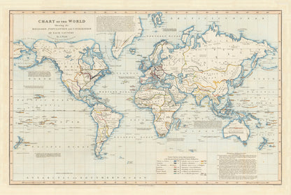 Chart of the World Shewing the Religion, Population and Civilization of Each Country | 1818 | James Wyld | Vintage Poster Wall Art Print