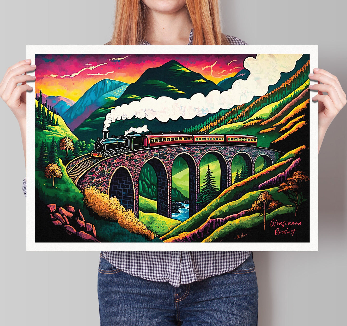 Glenfinnan Viaduct Print - Colourful Illustration of the Jacobite Steam Train, Railway Bridge Poster ,West Highland Line, Scottish Art