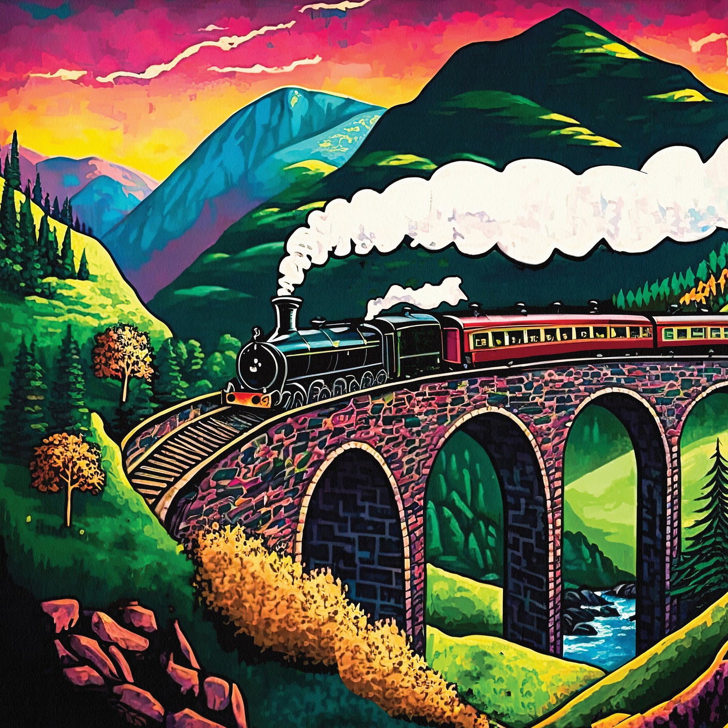 Glenfinnan Viaduct Print - Colourful Illustration of the Jacobite Steam Train, Railway Bridge Poster ,West Highland Line, Scottish Art