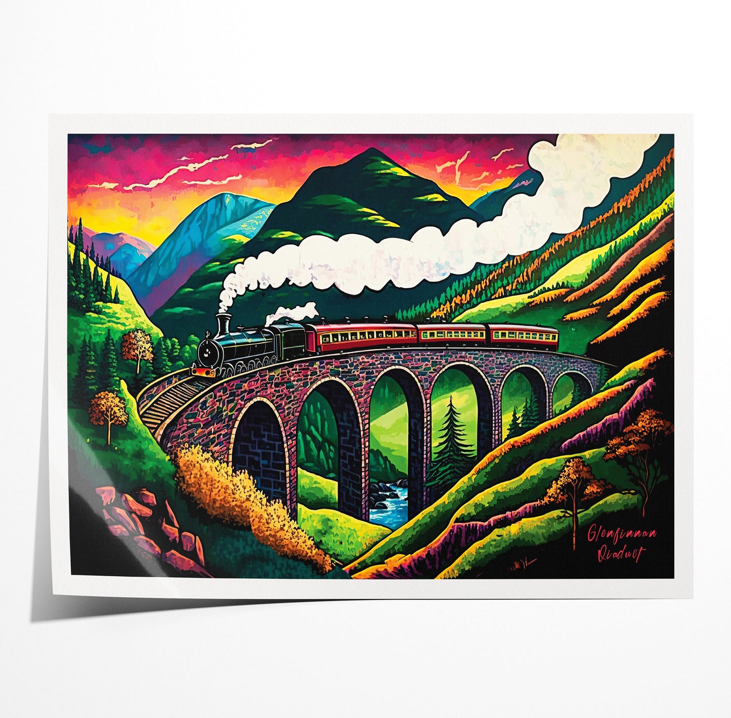 Glenfinnan Viaduct Print - Colourful Illustration of the Jacobite Steam Train, Railway Bridge Poster ,West Highland Line, Scottish Art