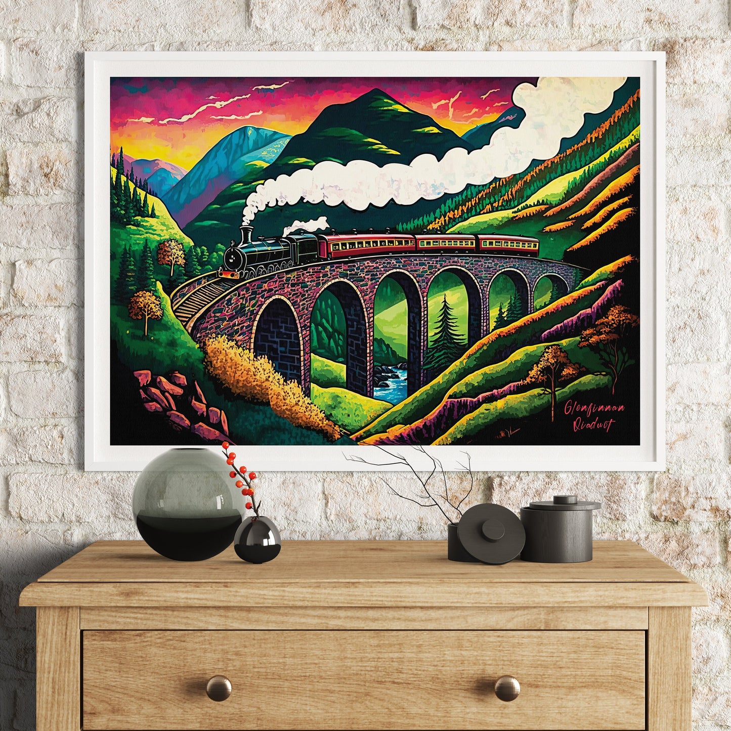 Glenfinnan Viaduct Print - Colourful Illustration of the Jacobite Steam Train, Railway Bridge Poster ,West Highland Line, Scottish Art