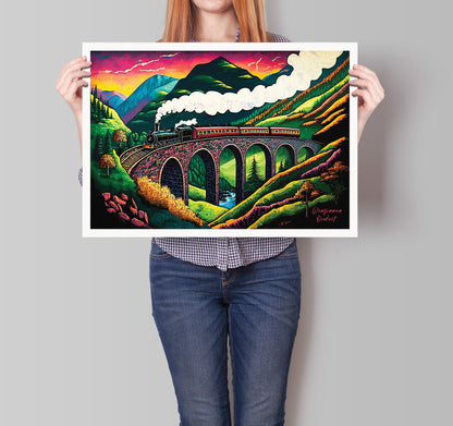 Glenfinnan Viaduct Print - Colourful Illustration of the Jacobite Steam Train, Railway Bridge Poster ,West Highland Line, Scottish Art