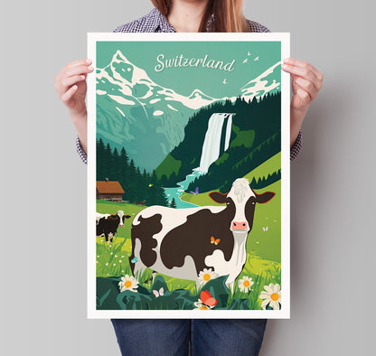 Switzerland Print - Swiss Cow - Alps - Butterflies - Swiss Gifts - Retro Print