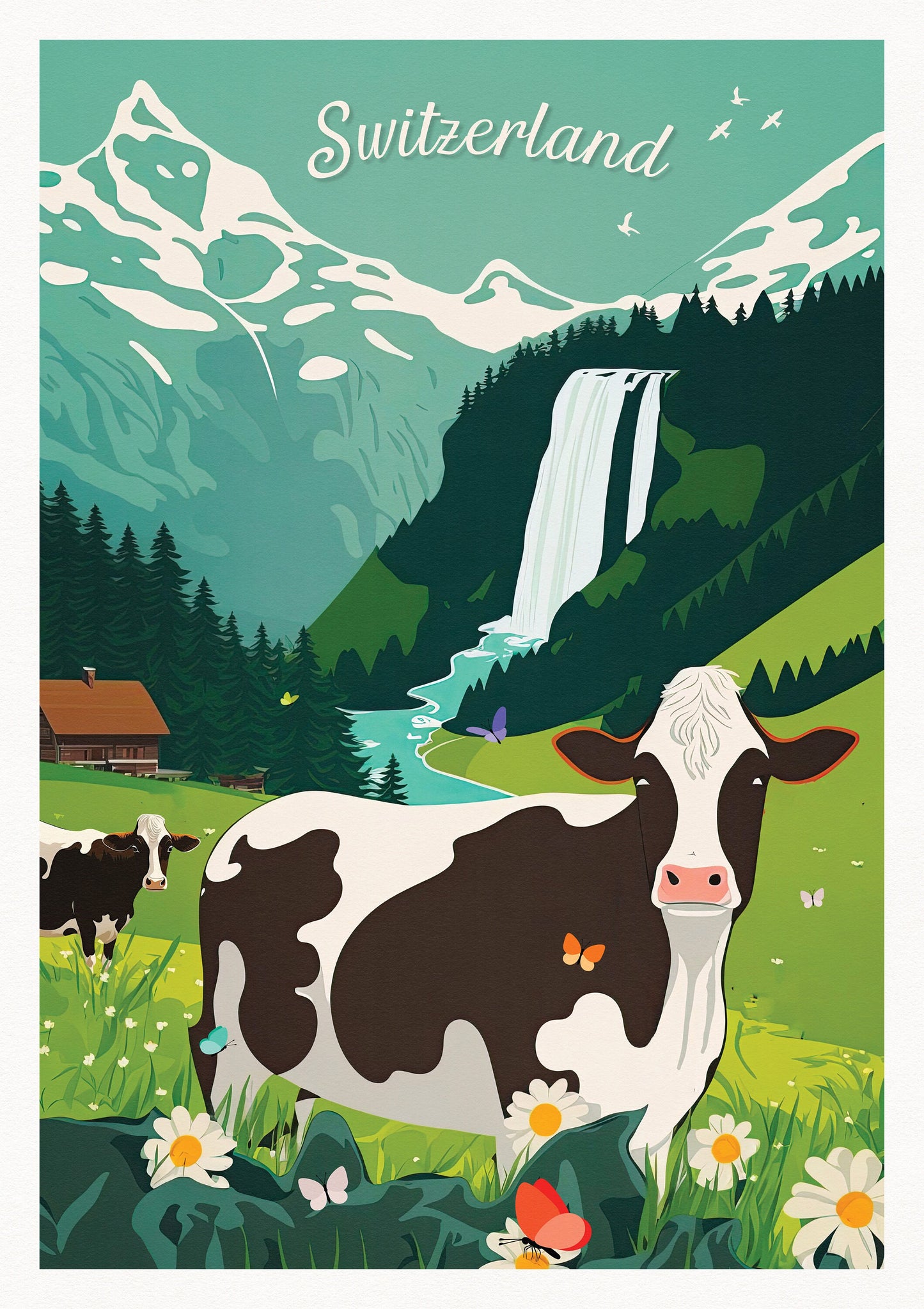 Switzerland Print - Swiss Cow - Alps - Butterflies - Swiss Gifts - Retro Print