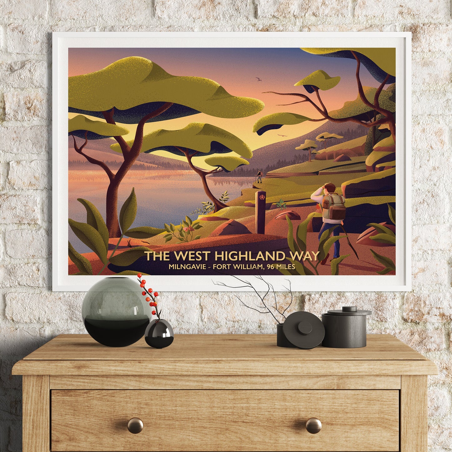 West Highland Way Poster, Milngavie to Fort William, 96 miles,  Hillwalking Print, Drymen, Balmaha, Loch lomond, Rowardennan, inversnaid