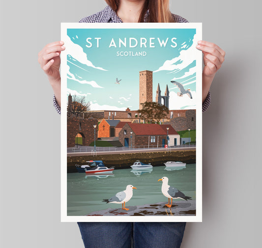 St Andrews Harbour Print -  St Rule's Church - East Neuk of Fife - St Andrews Cathedral - Fishing Village - Scotland Illustration Art