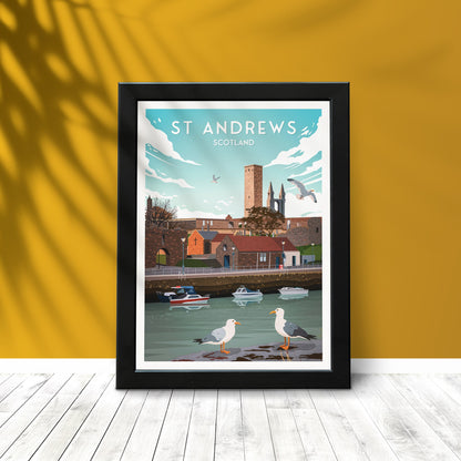 St Andrews Harbour Print -  St Rule's Church - East Neuk of Fife - St Andrews Cathedral - Fishing Village - Scotland Illustration Art