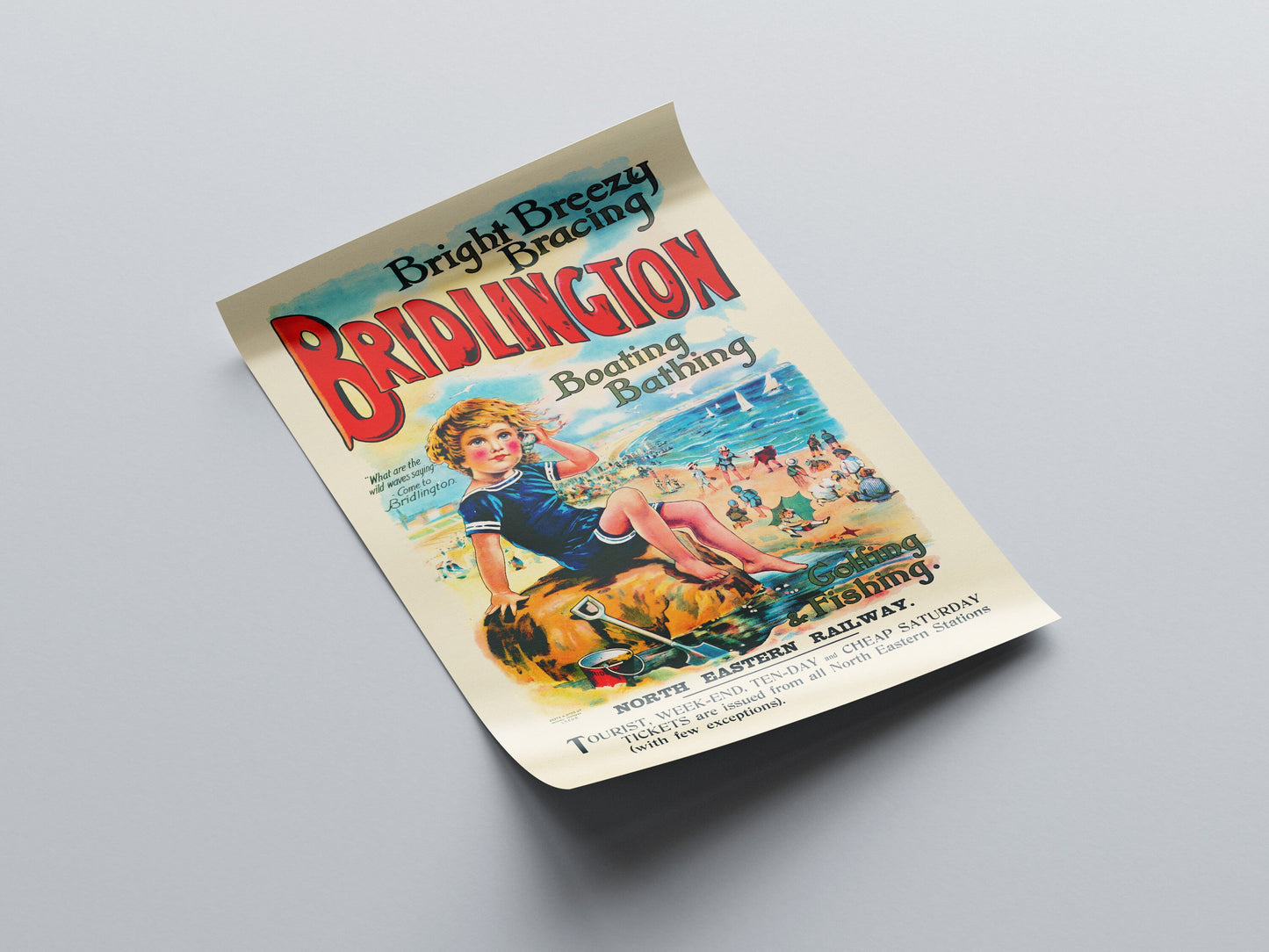 Bridlington Travel Poster - Bathing, Boating, Golfing & Fishing - Retro Seaside Print