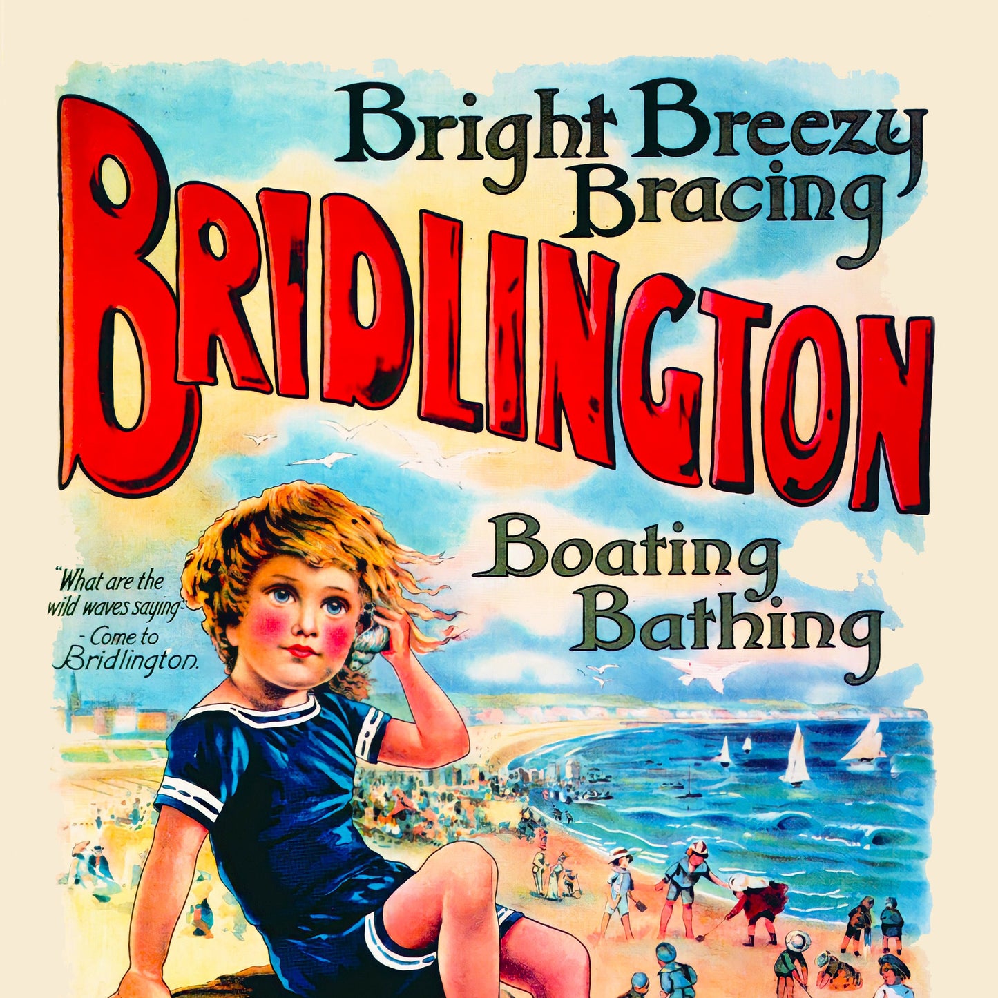 Bridlington Travel Poster - Bathing, Boating, Golfing & Fishing - Retro Seaside Print