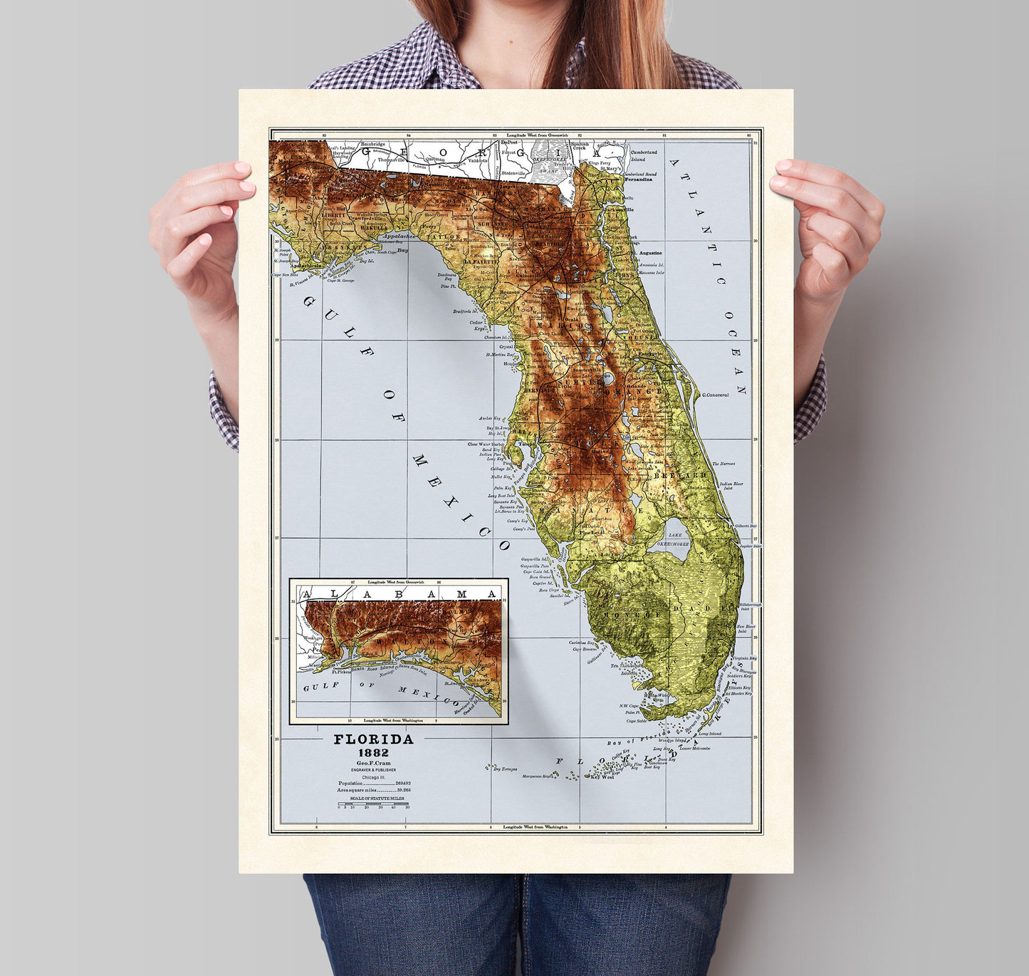 Florida Map - Vintage Style 1882 Elevation Map - 2D Print with 3D effect shaded relief Poster - Florida Poster - USA - United States